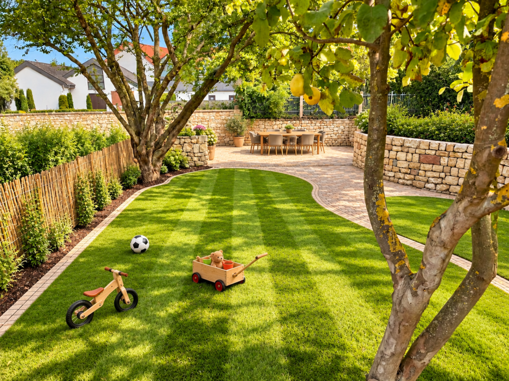 Garten des Wichtelgartens mit Obstbäumen, Rasen und Spielgeräten