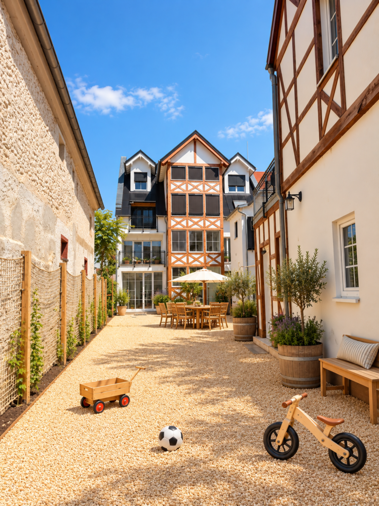 Blick in den Hof des Wichtelgartens mit Fachwerk, Sitzplatz und Spielgeräten