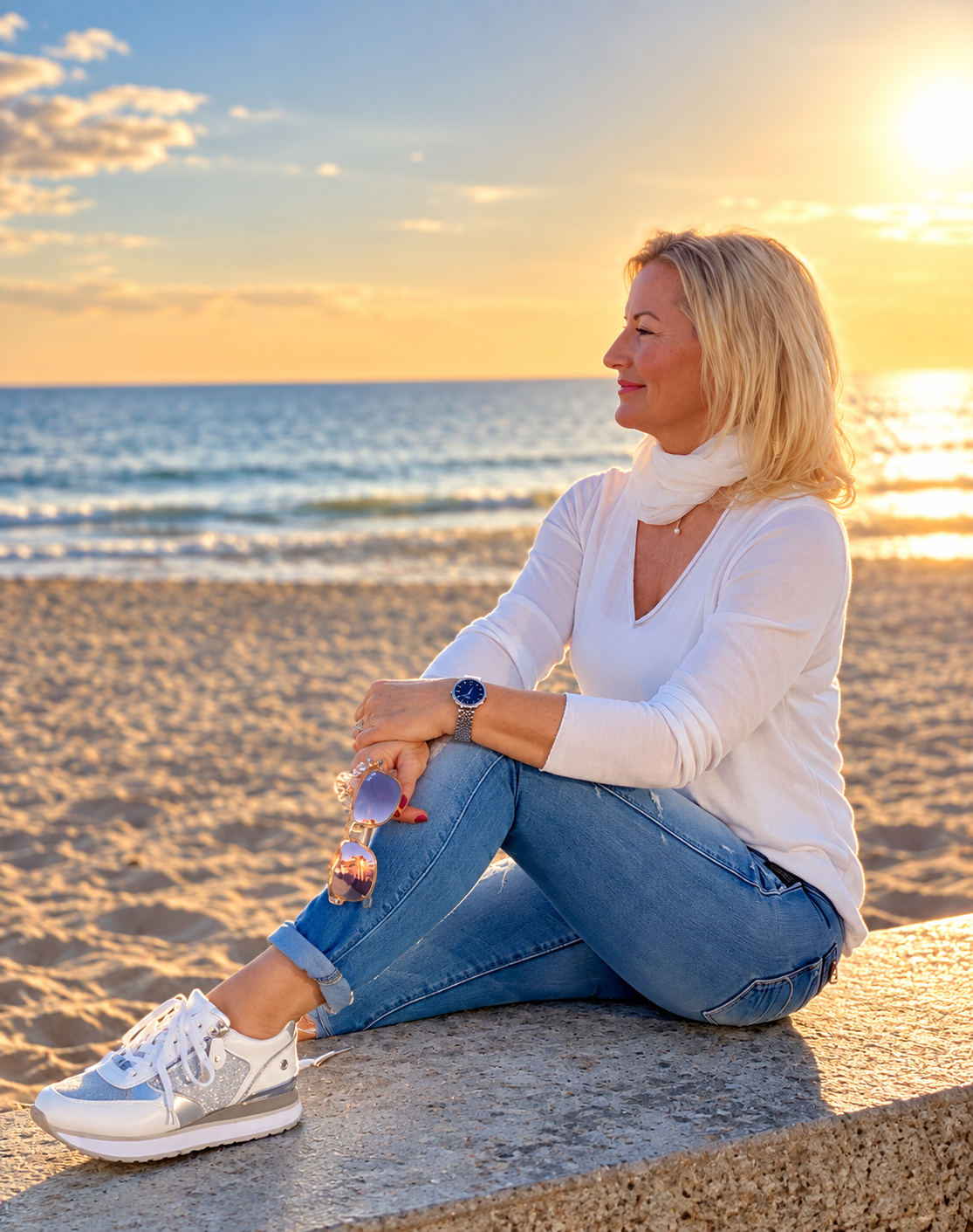 Martina Weinöhl am Strand bei Sonnenuntergang.
